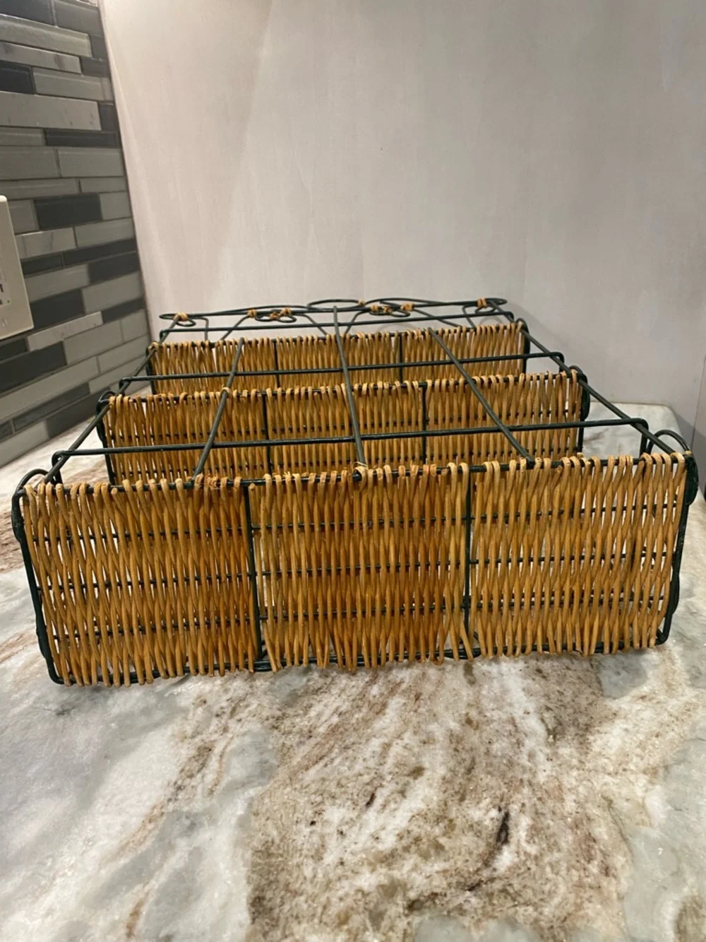 Vtg 3-Tier Metal Wicker Wall Shelf Boho Spice Rack
